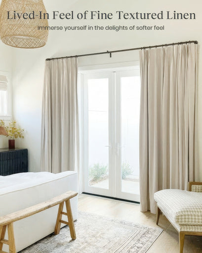 Light beige Venetian Linen Blend heavyweight custom curtains on a dark rod, framing French doors for privacy & sophisticated home decor.