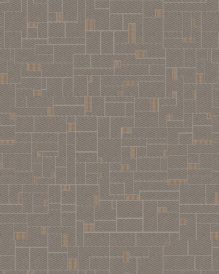 Chelsea Cotton Blend custom curtain showing a detailed taupe geometric grid pattern with shimmering golden striped accents.