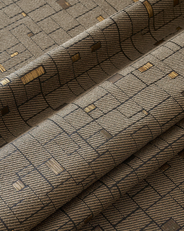 Textured beige cotton blend Chelsea custom curtain fabric with dark grid and gold geometric pattern.