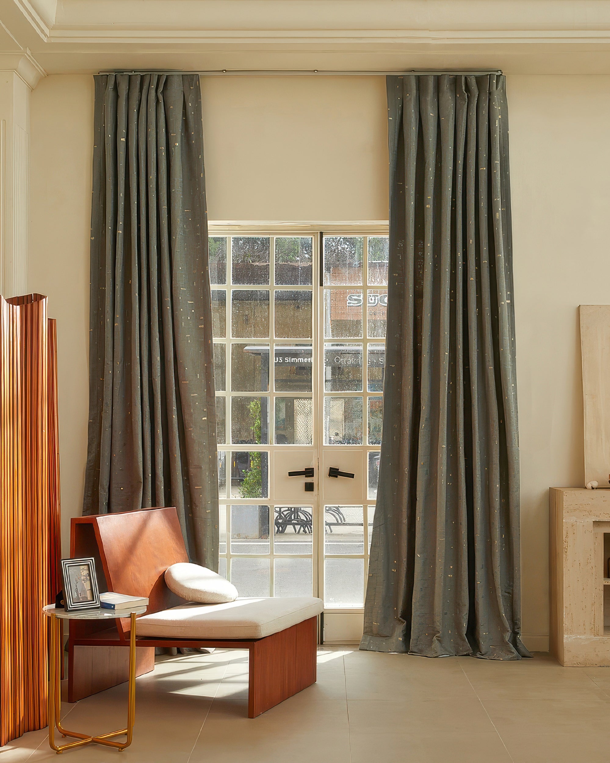 Chelsea Cotton Blend Geometric Golden Grid Patterned Custom Curtain - TheHues