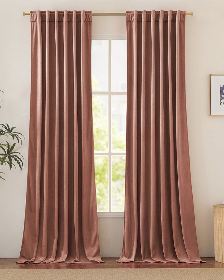 Dusky rose velvet custom curtains with rod pocket header, offering luxurious heavyweight window treatments for elegant home decor.