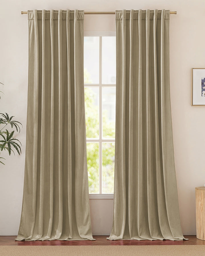 Jazlynn light brown velvet custom curtains with rod pocket header, perfect for elegant blackout window treatments.