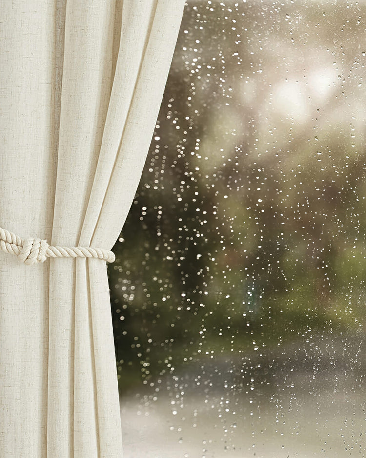 Light beige Noah linen-look waterproof custom outdoor curtain tied back with a rope, seen against a rain-splashed window.