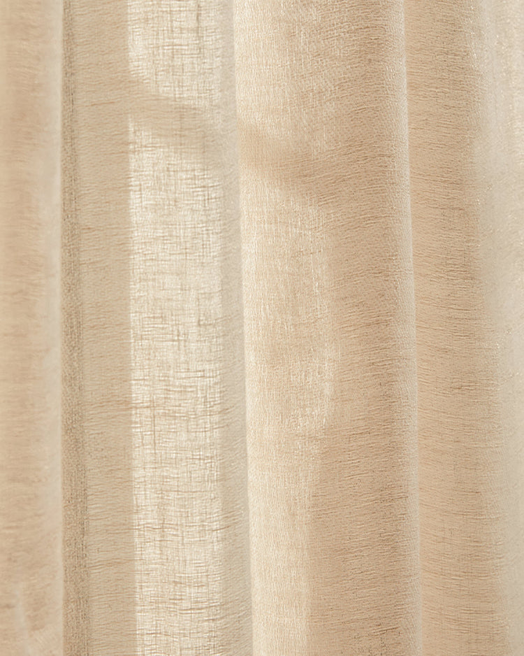 Light beige custom Silhouette Linen Blend sheer curtain fabric, showcasing its woven texture & soft folds.