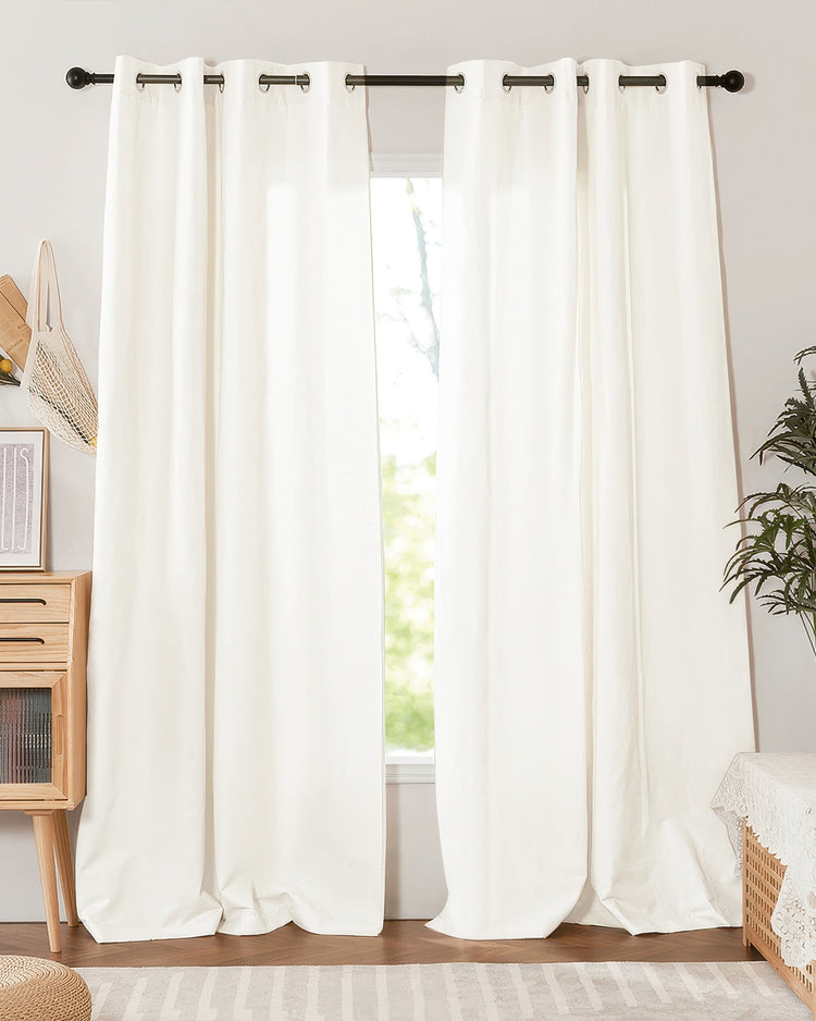 Nara white linen & cotton blend lightweight custom curtains with grommet header, parted to reveal natural light for sophisticated home aesthetics.