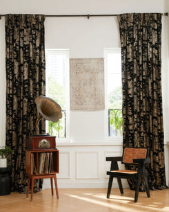TheHues Zen Foil Printed Velvet Patterned custom curtains in black & gold velvet, offering tailored style & privacy for windows.