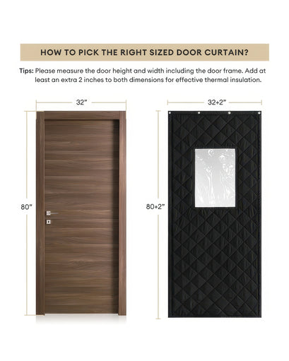 Guide for sizing Oxford custom thermal insulated soundproof door curtains. Shows door dimensions & recommended black quilted curtain with PVC.