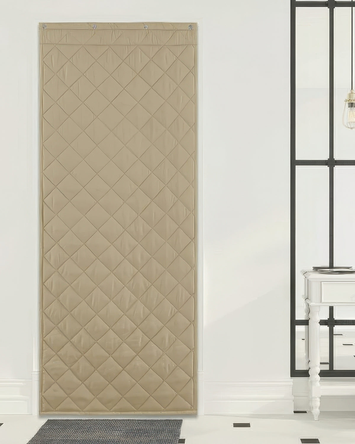 Oxford custom thermal insulated door curtain in beige with a quilted pattern, offering soundproofing and tailored fit for warmth.