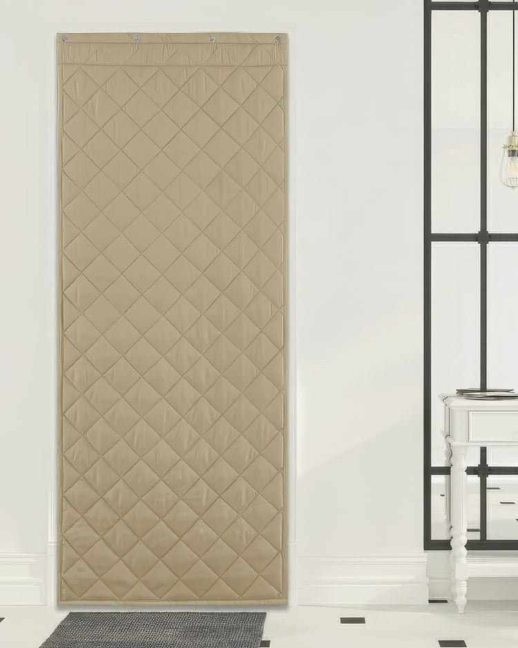 Oxford custom thermal insulated door curtain in beige with a quilted pattern, offering soundproofing and tailored fit for warmth.