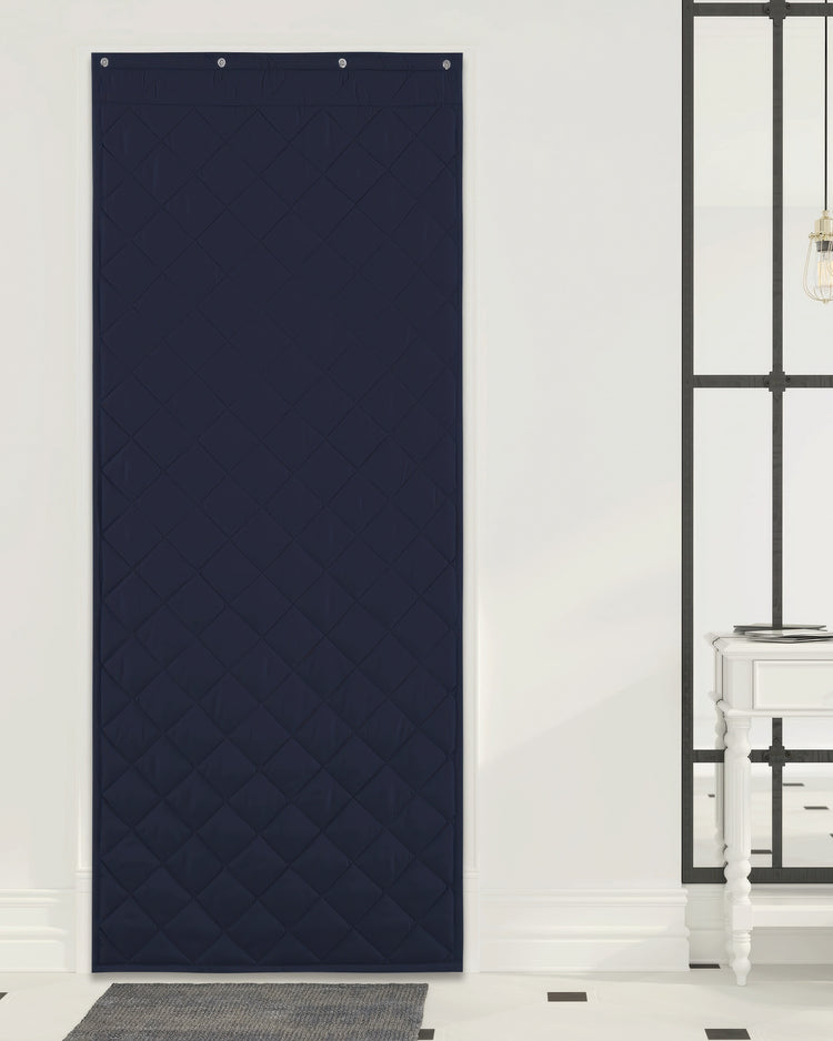 Navy blue Oxford custom door curtain with quilted diamond pattern and grommet top, offering thermal insulated & soundproof privacy.