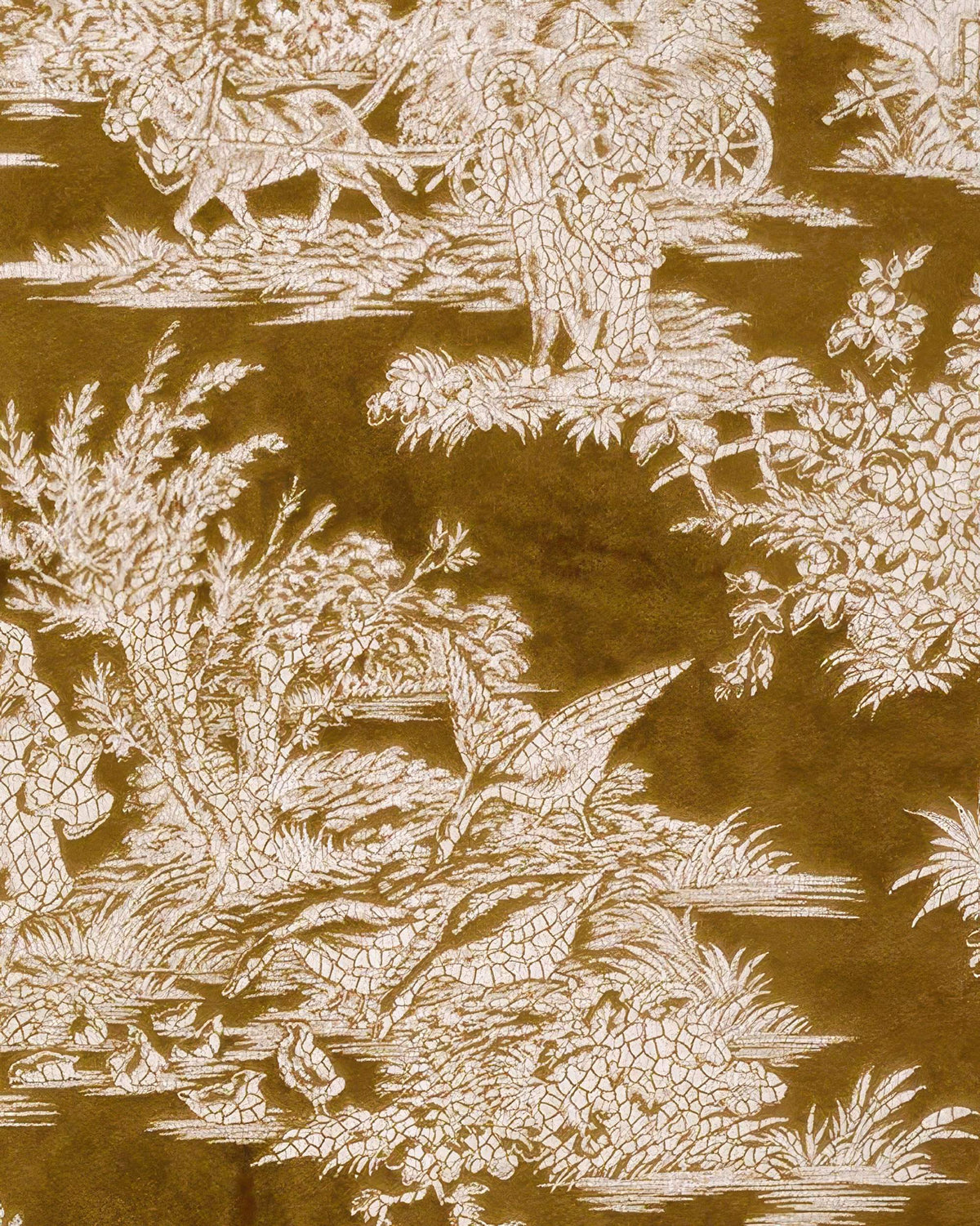 Zen Foil Printed Velvet custom curtain fabric swatch with detailed white crackled pastoral pattern on a rich gold background.