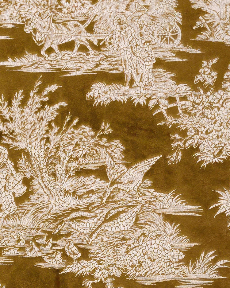 Zen Foil Printed Velvet custom curtain fabric swatch with detailed white crackled pastoral pattern on a rich gold background.