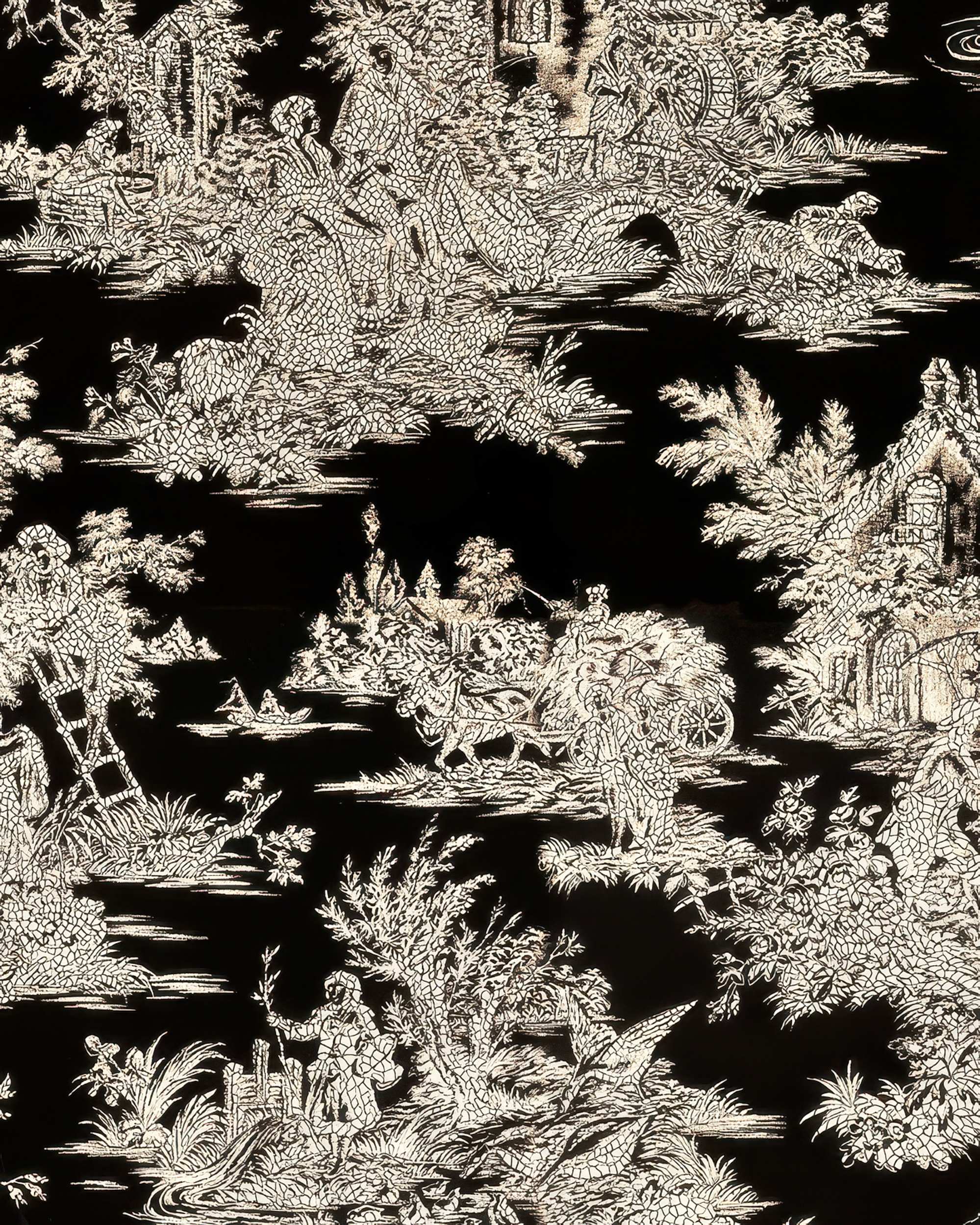 Black velvet custom drapery fabric with a detailed Zen foil printed pattern, depicting Asian landscapes & figures.