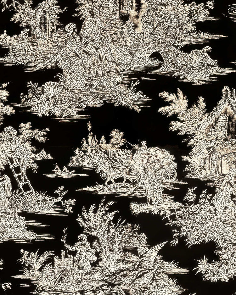 Black velvet custom drapery fabric with a detailed Zen foil printed pattern, depicting Asian landscapes & figures.