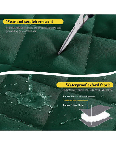 Close-up of dark green Oxford fabric door curtain showing scratch resistance with scissors, water repellency, and layered thermal insulation.