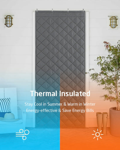 Custom dark gray quilted thermal insulated magnetic door curtain on white paneled wall for energy efficiency & soundproofing.