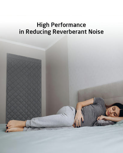 Oxford grey quilted thermal insulated & soundproof custom door curtain in bedroom, woman sleeping peacefully.