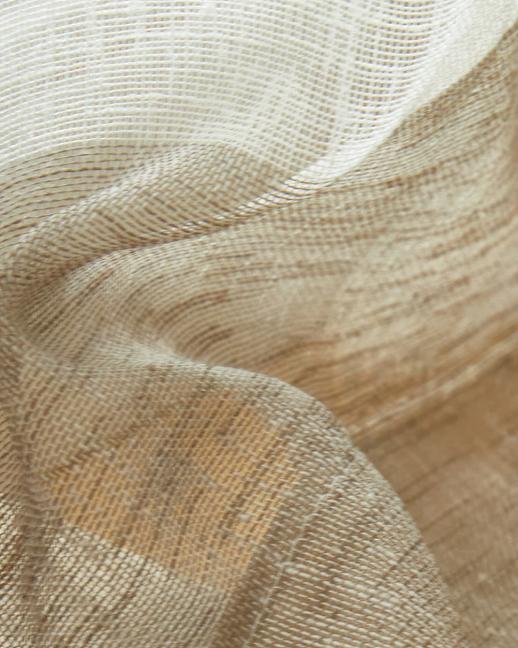Natural raw linen blend semi-sheer custom curtain fabric, showcasing subtle striped pattern and delicate weave.