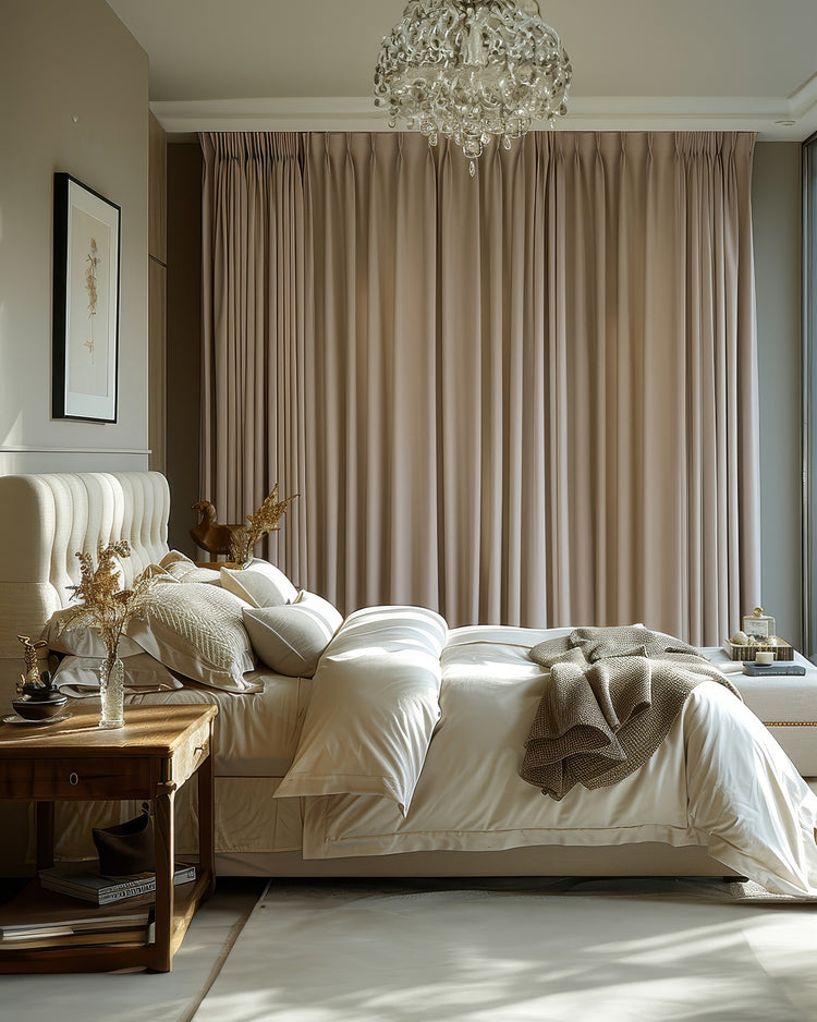 Kensington custom linen-look blackout curtains in warm beige, perfectly pleated for a sophisticated bedroom with ambient light.