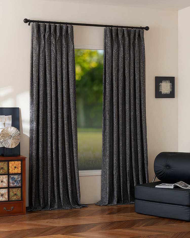 Glint Linen Blend shimmering textured custom drapery in dark gray, offering elegant light control for sophisticated home decor.