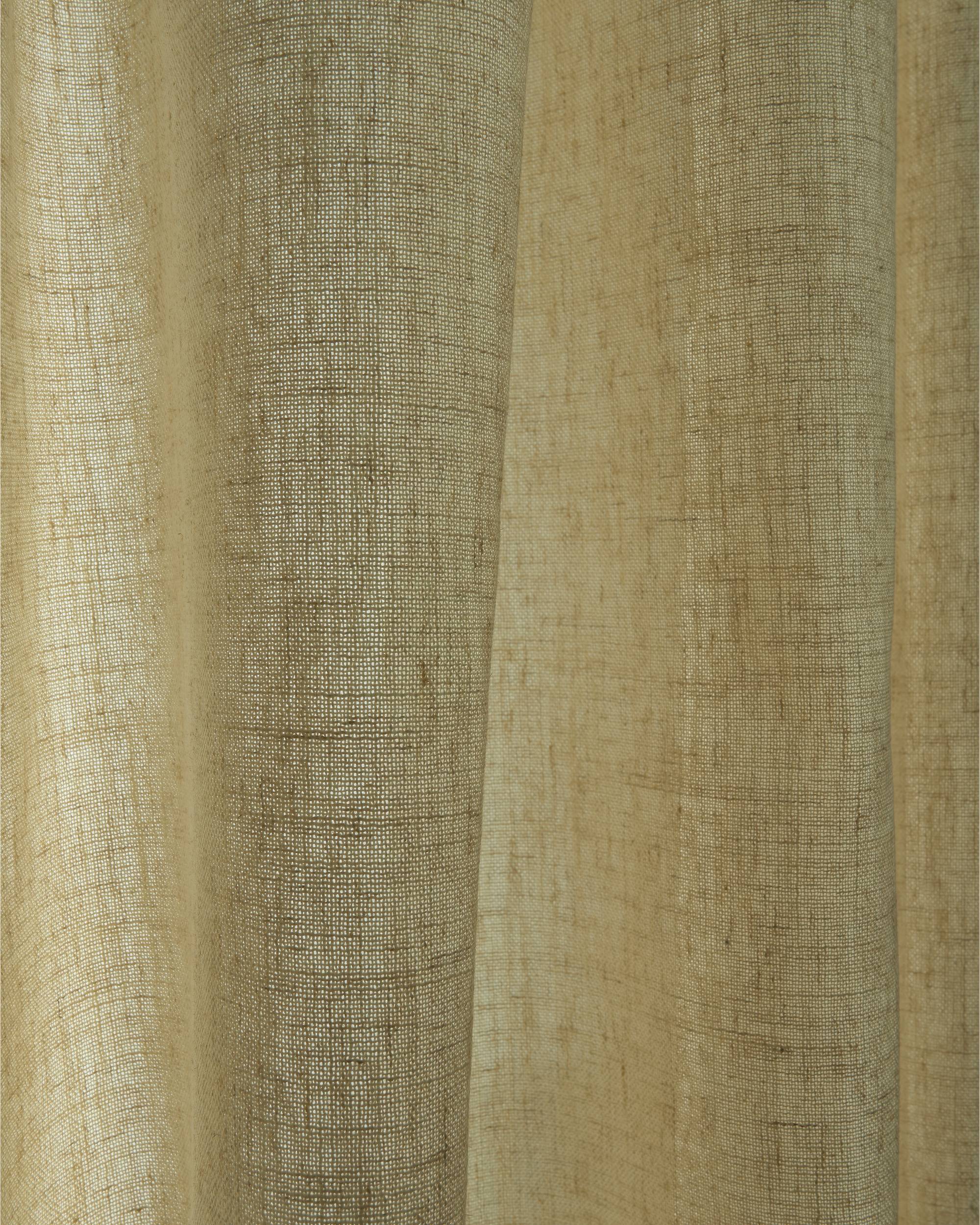 Close-up of natural light-filtering linen fabric swatch, showcasing its fine weave and translucent texture for custom drapery.