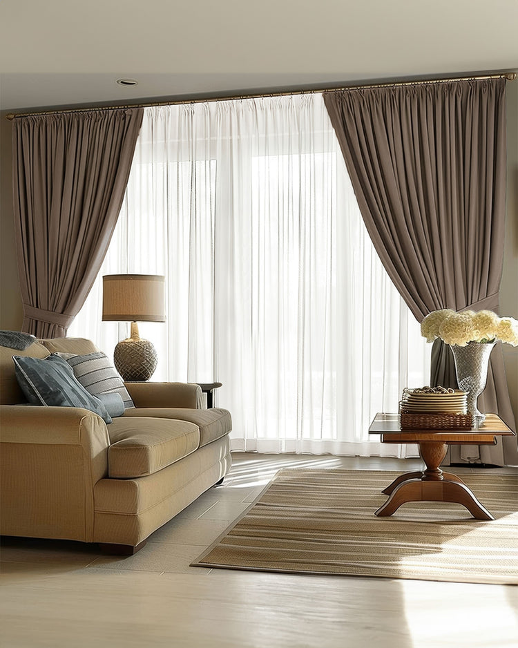 Victoria brown heavyweight linen blackout custom curtains and sheer window treatments in a living room, offering privacy & light control.
