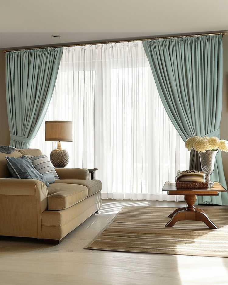 Victoria custom OEKO heavyweight 4-layer blackout linen curtains in teal, tied back with white sheers on a gold rod, for thermal/soundproof home.