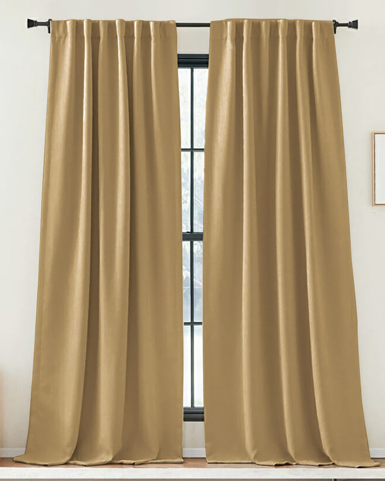 Zoe custom linen look soft beige curtain panels with elegant gathered top hung on a black rod for sophisticated home decor.