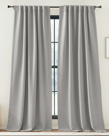 Zoe soft gray linen-look custom curtains with pleated header, perfectly tailored for elegant window treatments & light control.
