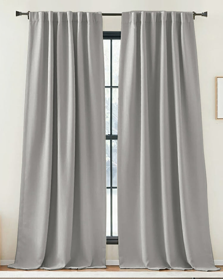 Zoe soft gray linen-look custom curtains with pleated header, perfectly tailored for elegant window treatments & light control.
