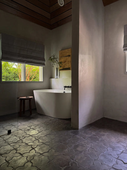 Zoe Flat Fold Linen Look Cordless Custom Roman Shade — bathroom with shade