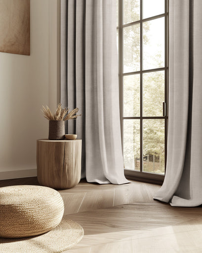 Sally Linen Blend custom curtains, elegant floor-length light beige drapery framing a modern window in a sophisticated home interior.