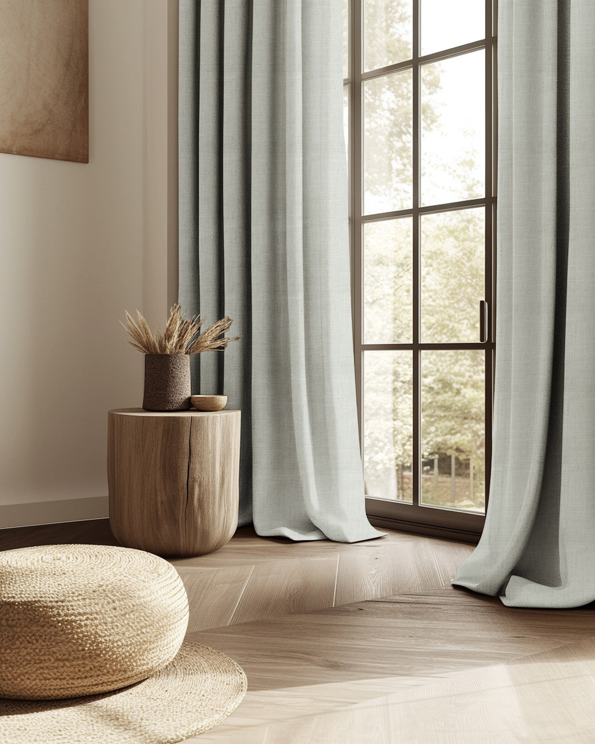 Custom light grey Sally Linen Blend drapes gracefully frame a large window, bringing sophisticated window treatments and light control to a modern home.