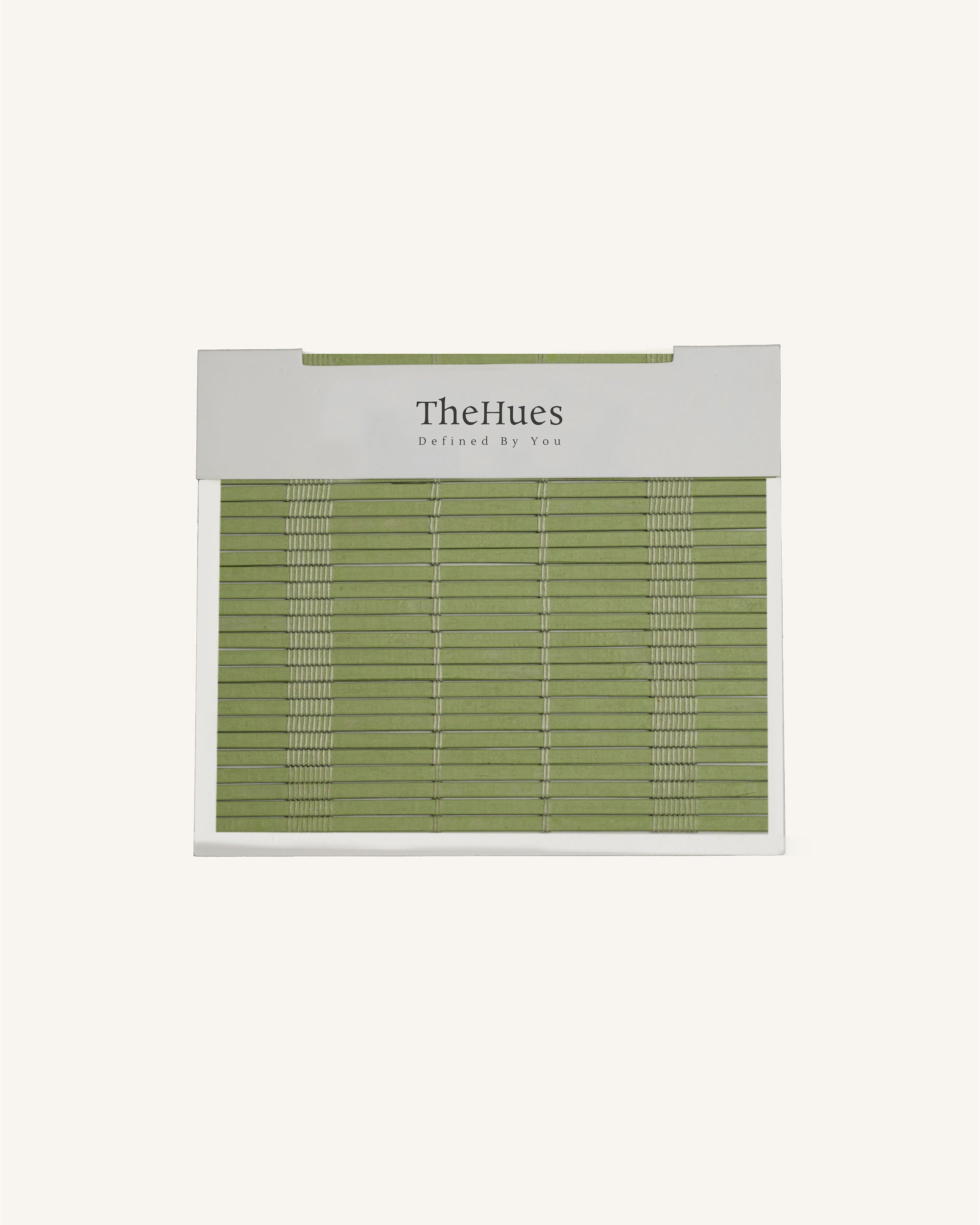 Green Hana Bamboo woven shade fabric swatches from TheHues. Textured material for custom window treatments & home decor.