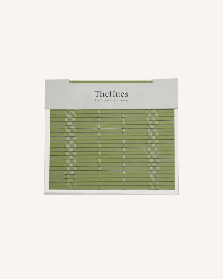 Green Hana Bamboo woven shade fabric swatches from TheHues. Textured material for custom window treatments & home decor.