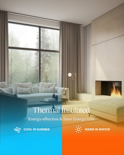 Zoe custom thermal insulated blackout curtains in a modern living room, highlighting energy savings for cool summers & warm winters.