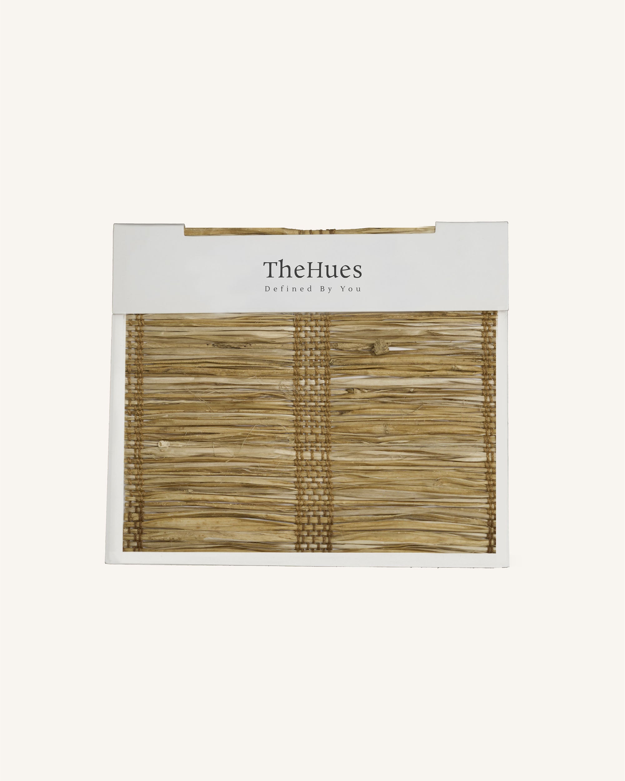 TheHues Rumi Jute Woven Shade fabric swatch in Hay, showcasing coarse natural textures for custom window treatments.