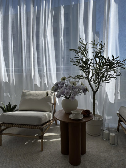 Yarn Linen Look Sheer Custom Curtain — styled living room