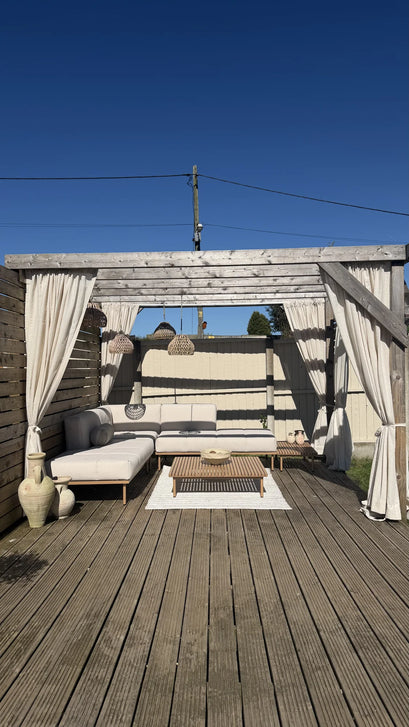 Noah Linen Look Lightweight Waterproof Custom Outdoor Curtain — outdoor pergola lounge