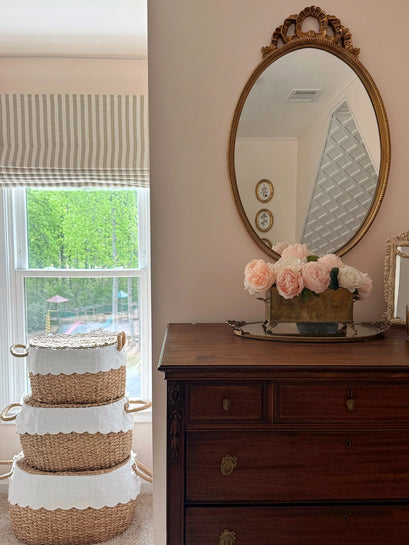 Milano Flat Fold Linen Blend Striped Cordless Custom Roman Shade — bright bedroom corner