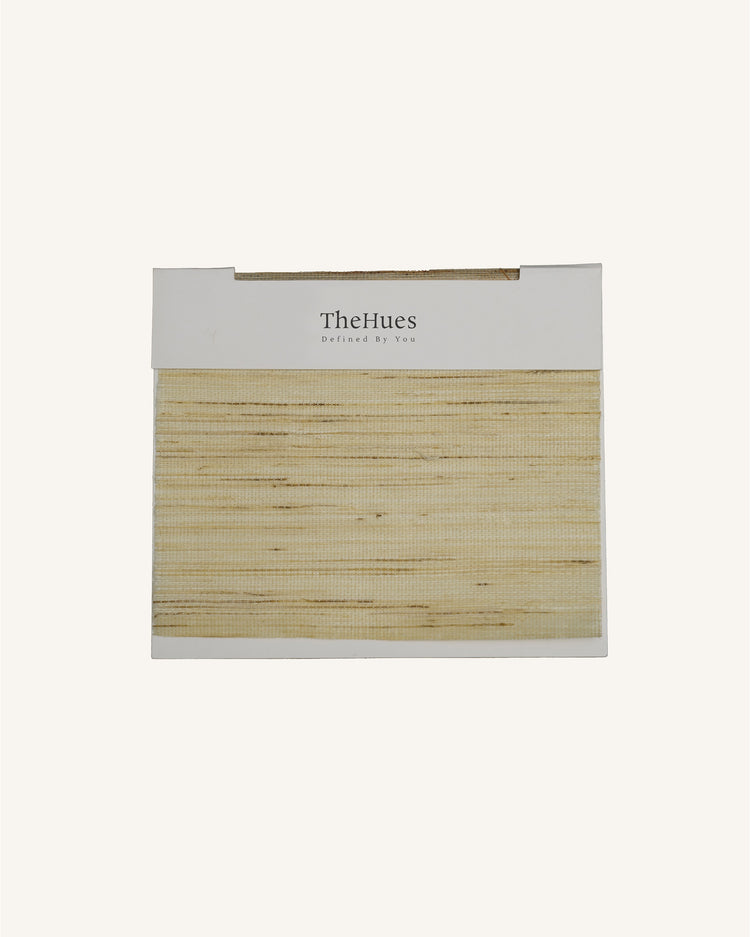 TheHues Nico Jute woven shade fabric swatch in natural, hand-woven sun-bleached material for window treatments.