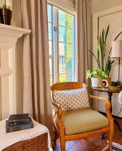 Milo Linen Blend Striped Custom Curtain — sunlit living room