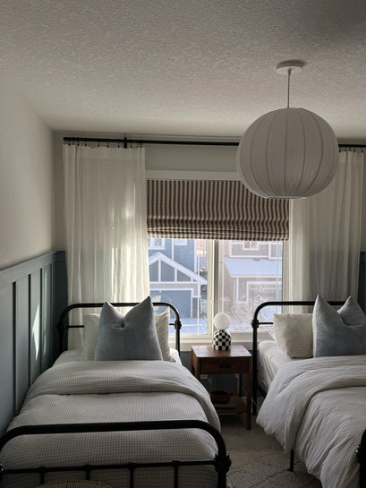 Milano Flat Fold Linen Blend Striped Cordless Custom Roman Shade — bedroom window scene
