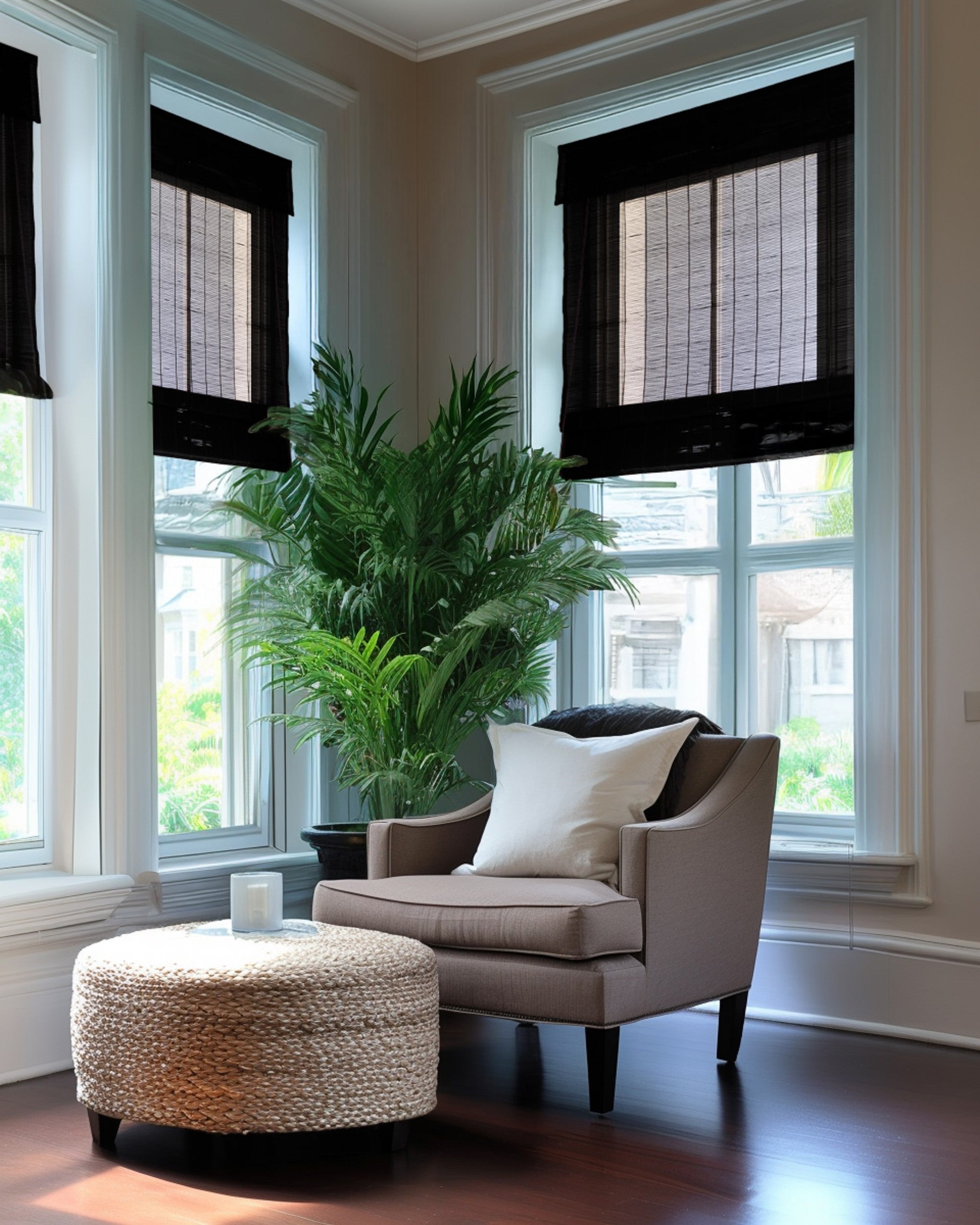 Black Toni bamboo woven shades installed on large windows, offering elegant light control and privacy in a sophisticated living space.