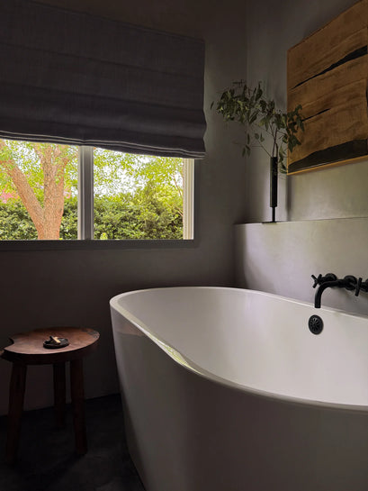 Zoe Flat Fold Linen Look Cordless Custom Roman Shade — bathroom window shade