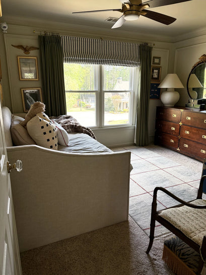 Milano Flat Fold Linen Blend Striped Cordless Custom Roman Shade — styled bedroom window