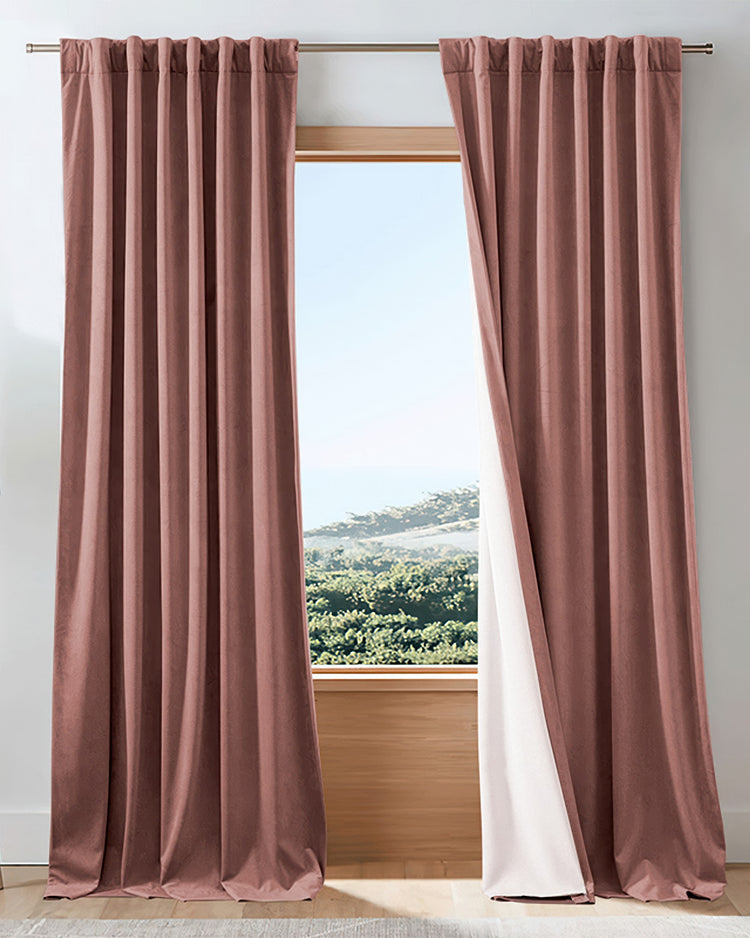 Dusty rose custom velvet 100% blackout curtains, 4-layer heavyweight with thermal lining for home light control.