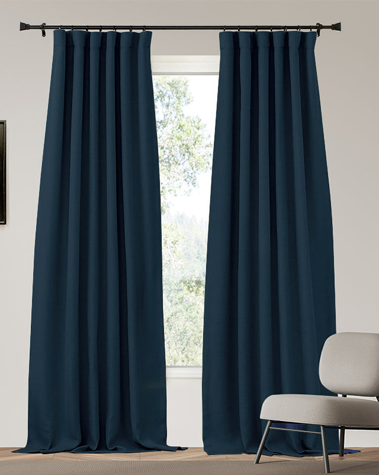 Zoe 4-layer custom blackout curtains, deep navy linen look. Heavyweight thermal & soundproof drapery for superior light control.