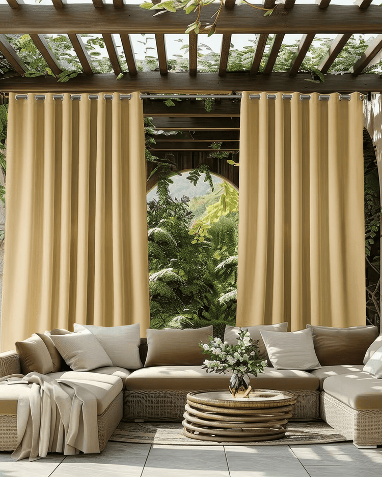 Aquashield 4-layer beige outdoor blackout curtains on a pergola, providing privacy & light control for a stylish patio living space.