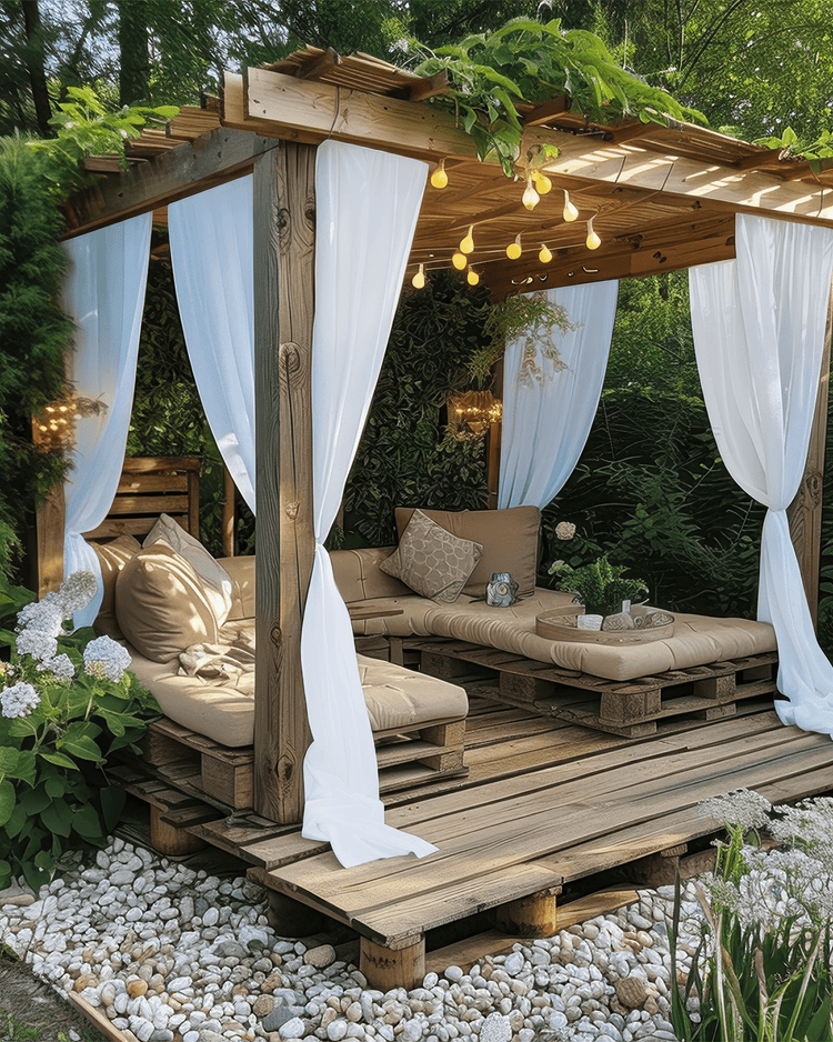 White Aquashield water-resistant outdoor curtains on a wooden pergola, enhancing a luxurious patio lounge with lush plants.